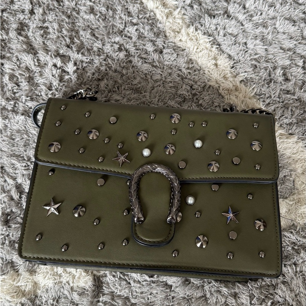 Green Studded Crossbody Bag with Flap Closure